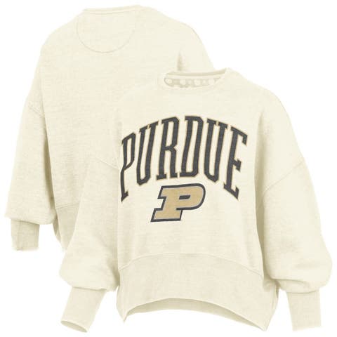 Women's Pressbox Natural Purdue Boilermakers Oversized Waist-Length Crewneck Sweatshirt
