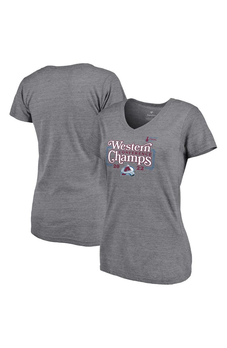 FANATICS Women's Fanatics Branded Heathered Gray Colorado Avalanche 2022 Western Conference Champions Line Shift V-Neck T-Shirt, Main, color,