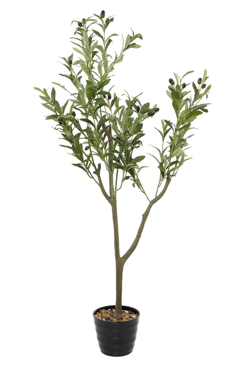 Green Faux Foliage Olive Artificial Tree with Black Melamine Pot, Main, color, GREEN