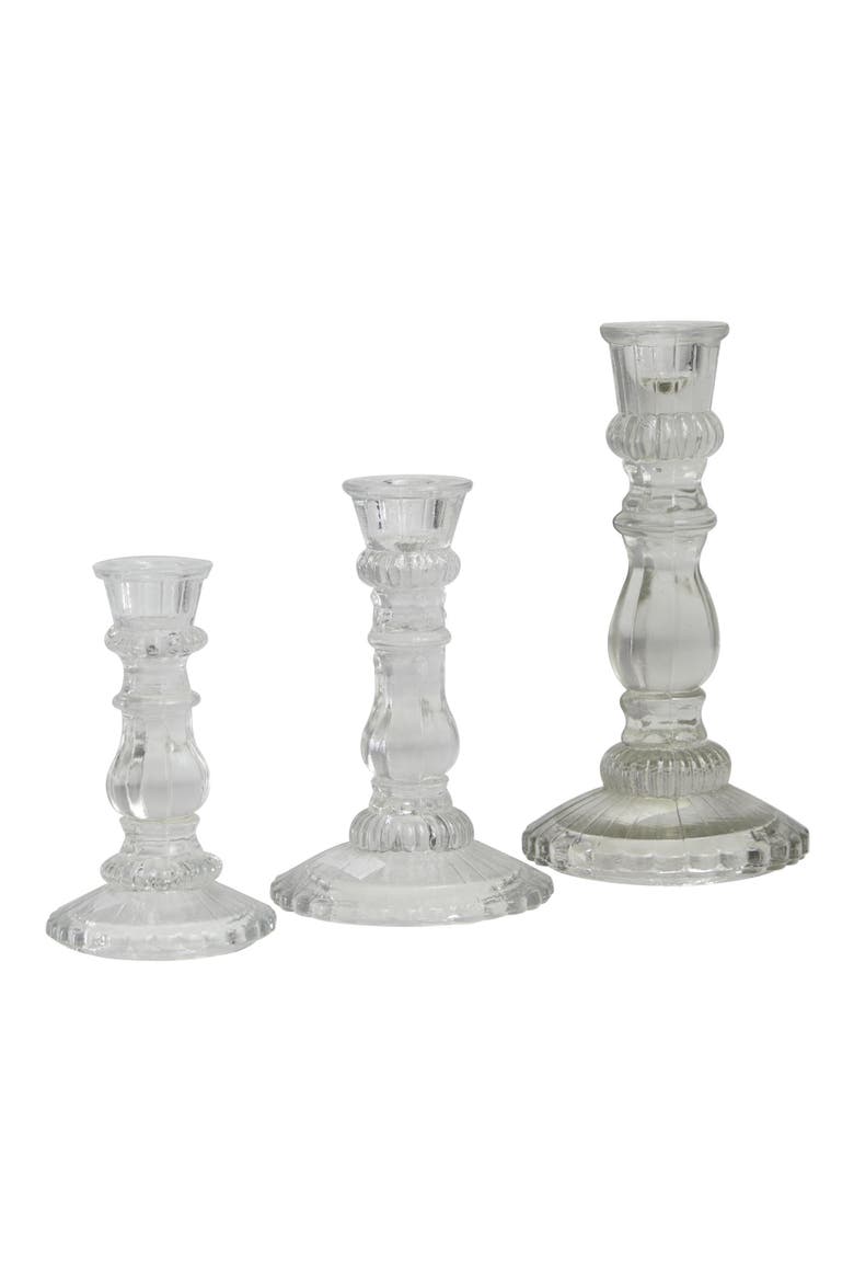 Set of 3 Modern Clear Glass Candleholders, Alternate, color, CLEAR