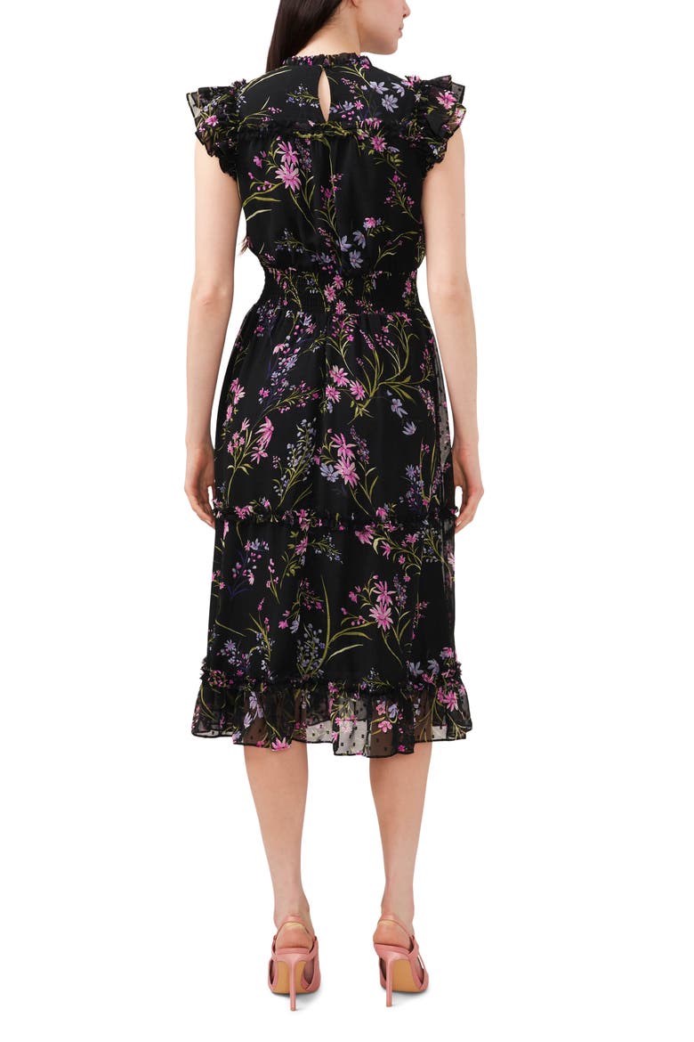 Floral Clip Dot Smocked Ruffle Midi Dress, Alternate, color, RICH BLACK