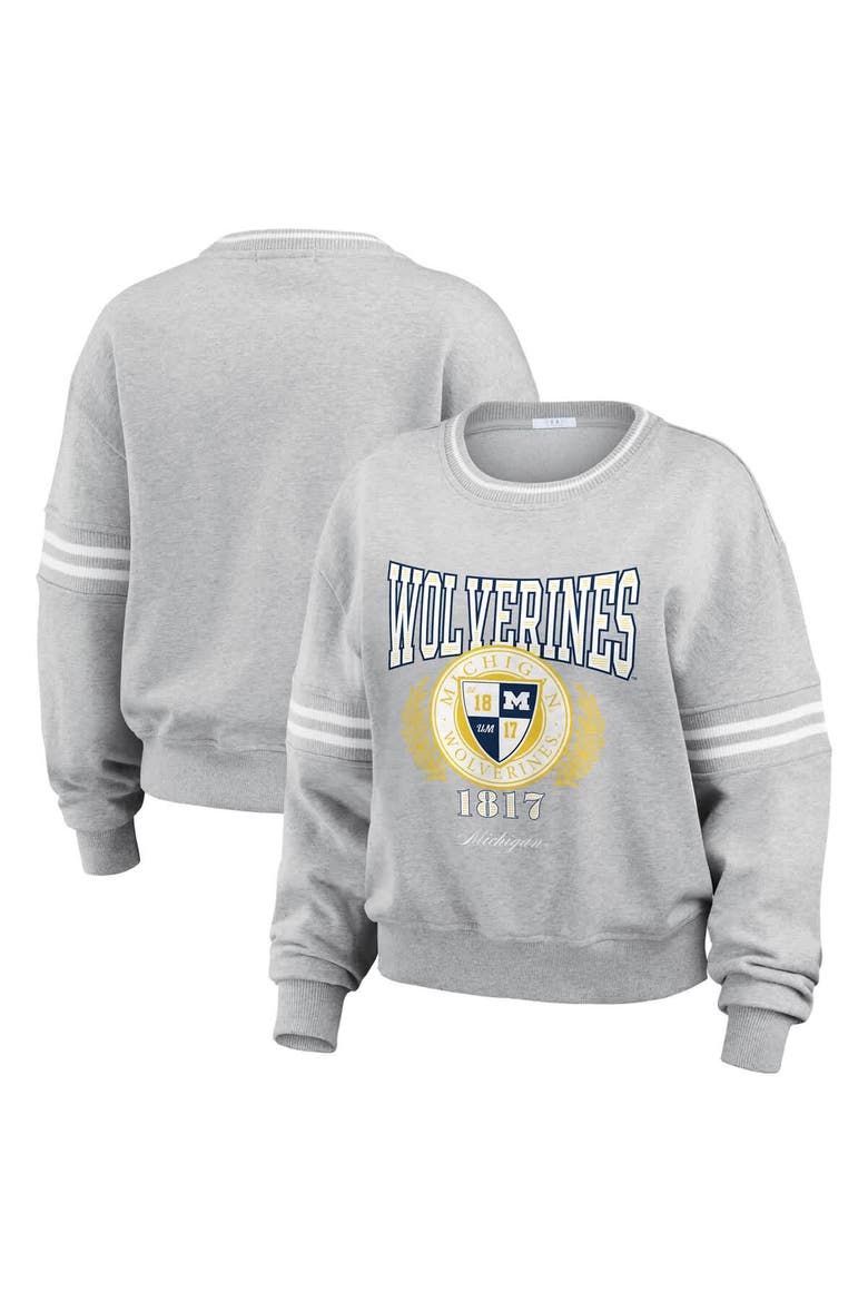 Women's WEAR by Erin Andrews Heather Gray Michigan Wolverines Classic Stripe Pullover Sweater, Main, color, Heather Gray