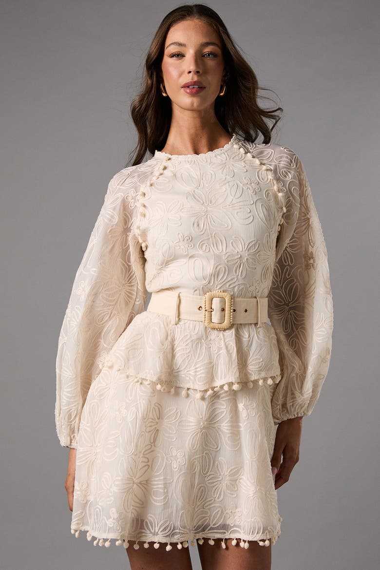 Long Sleeve Tiered Skirt Belted Dress, Alternate, color, Cream