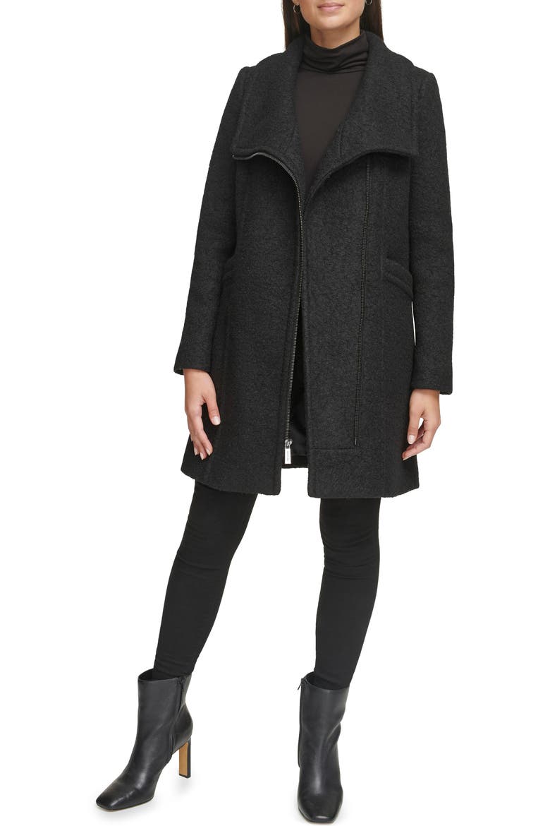 Asymmetric Zip Convertible Collar Bouclé Coat, Alternate, color, BLACK