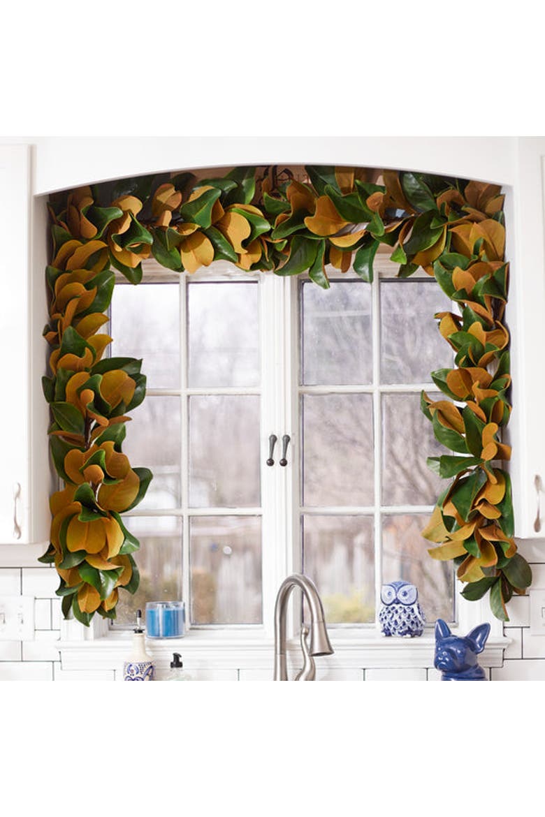 Real Touch Magnolia Leaf All Seasons Outdoor Hanging Front Door Garland, Alternate, color, Green