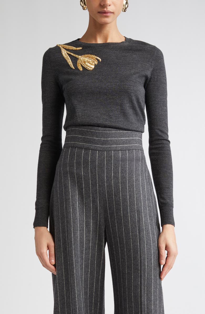 Carolina Herrera Embroidered Long Sleeve Virgin Wool & Silk Crewneck Sweater, Main, color, Charcoal Grey