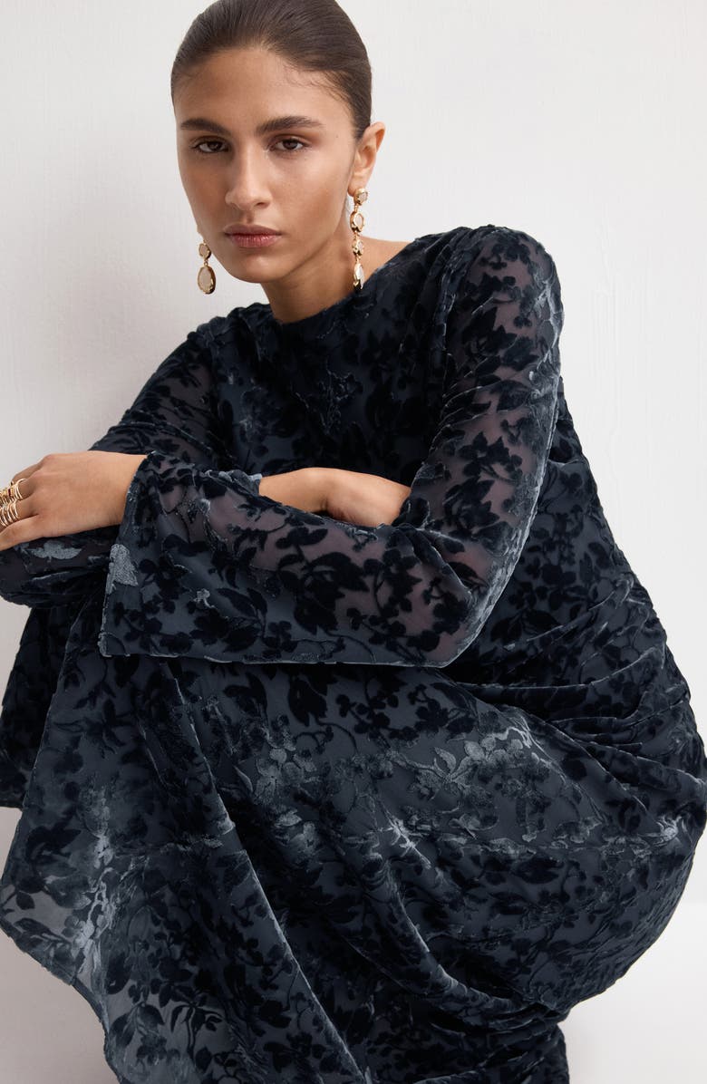 MANGO Devor Burnout Long Sleeve Maxi Dress, Alternate, color, Night Blue