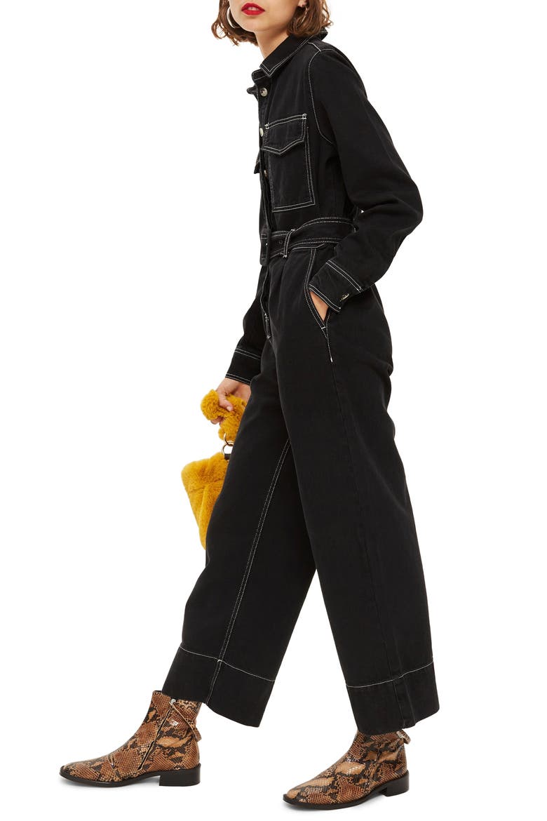 Contrast Denim Boilersuit, Alternate, color, BLACK