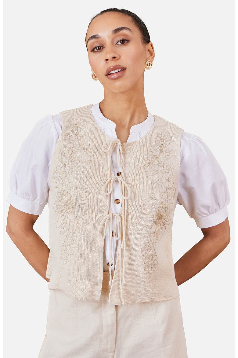 Embroidered Tie Front Waistcoat, Main, color, Beige