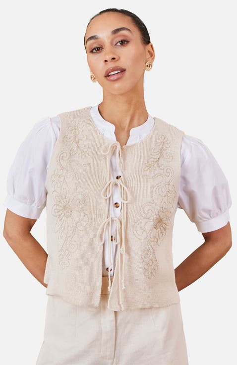 Embroidered Tie Front Waistcoat