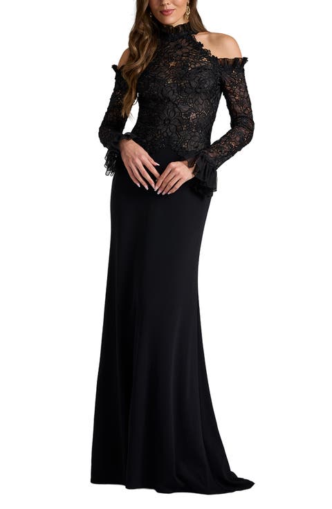 Lace Mock Neck Cold Shoulder Gown