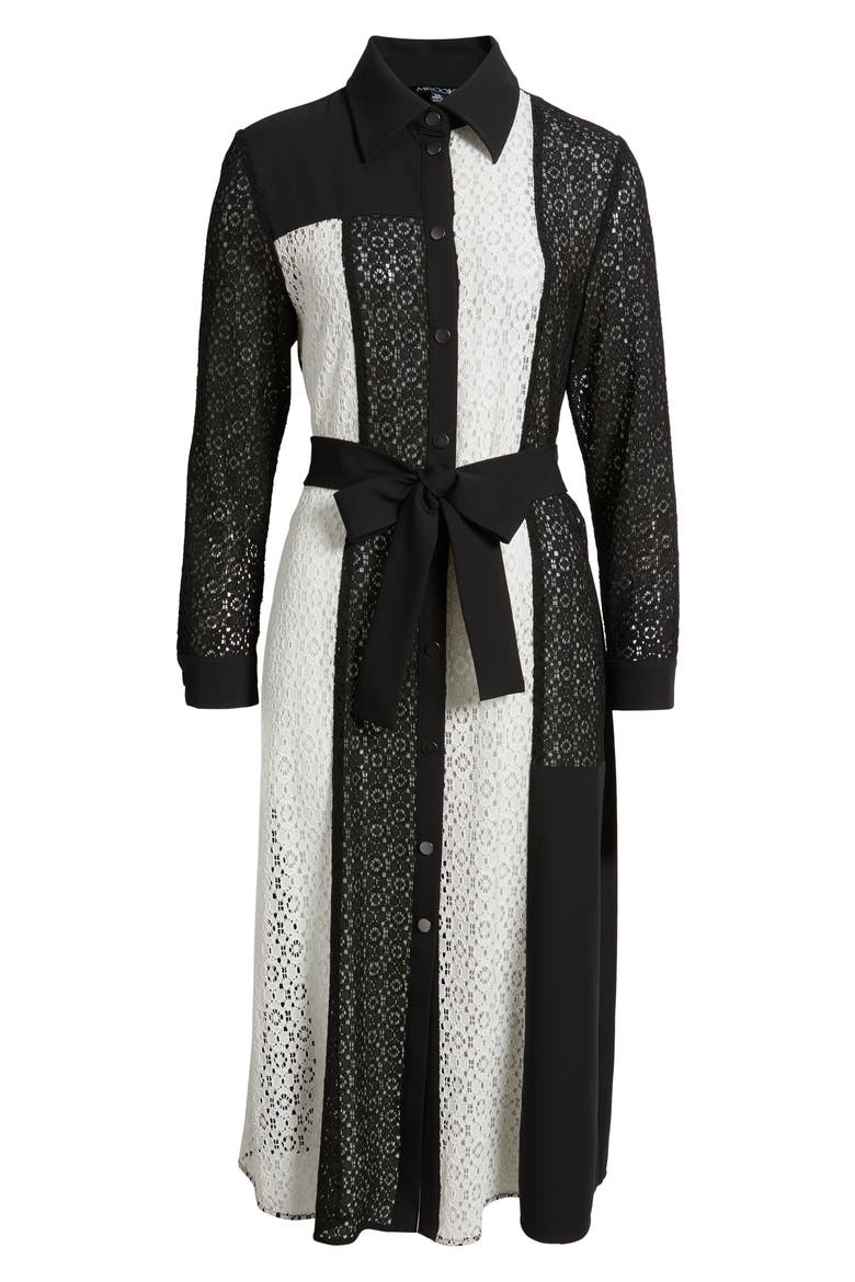 Tie Waist Long Sleeve Lace Midi Dress, Alternate, color, BLACK/ WHITE