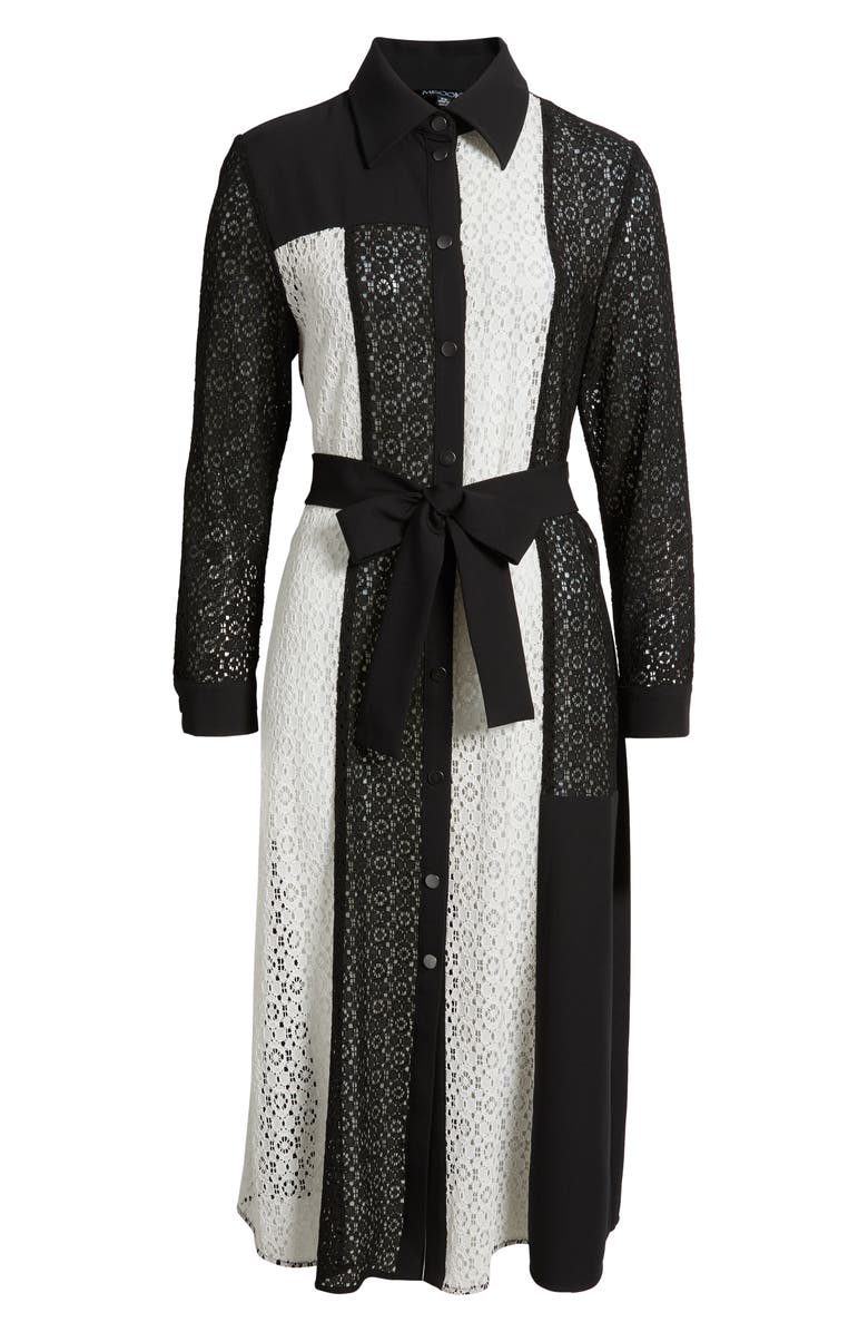 Misook Tie Waist Long Sleeve Lace Midi Dress, Alternate, color, Black/ White