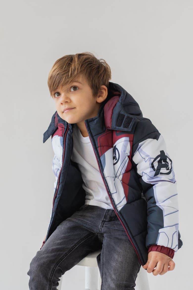 Avengers Hooded Zip-Up Puffer Jacket, Alternate, color, Dark Grey White Red