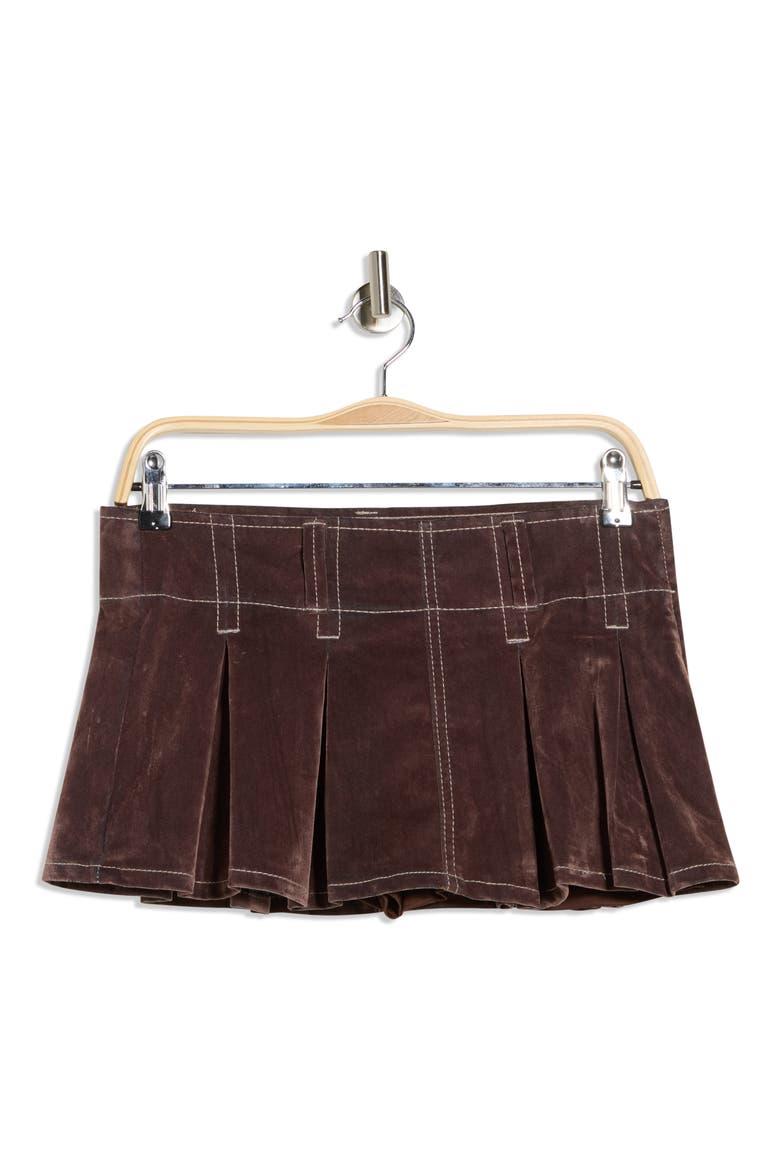 Pleated Flocked Denim Miniskort, Alternate, color, MOCHA