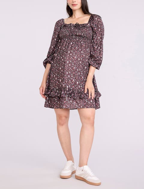 Smocked Babydoll Long Sleeve Mini Dress