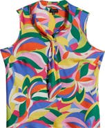 Tahari ASL Sailor Leaf Print Tie Neck Sleeveless Top