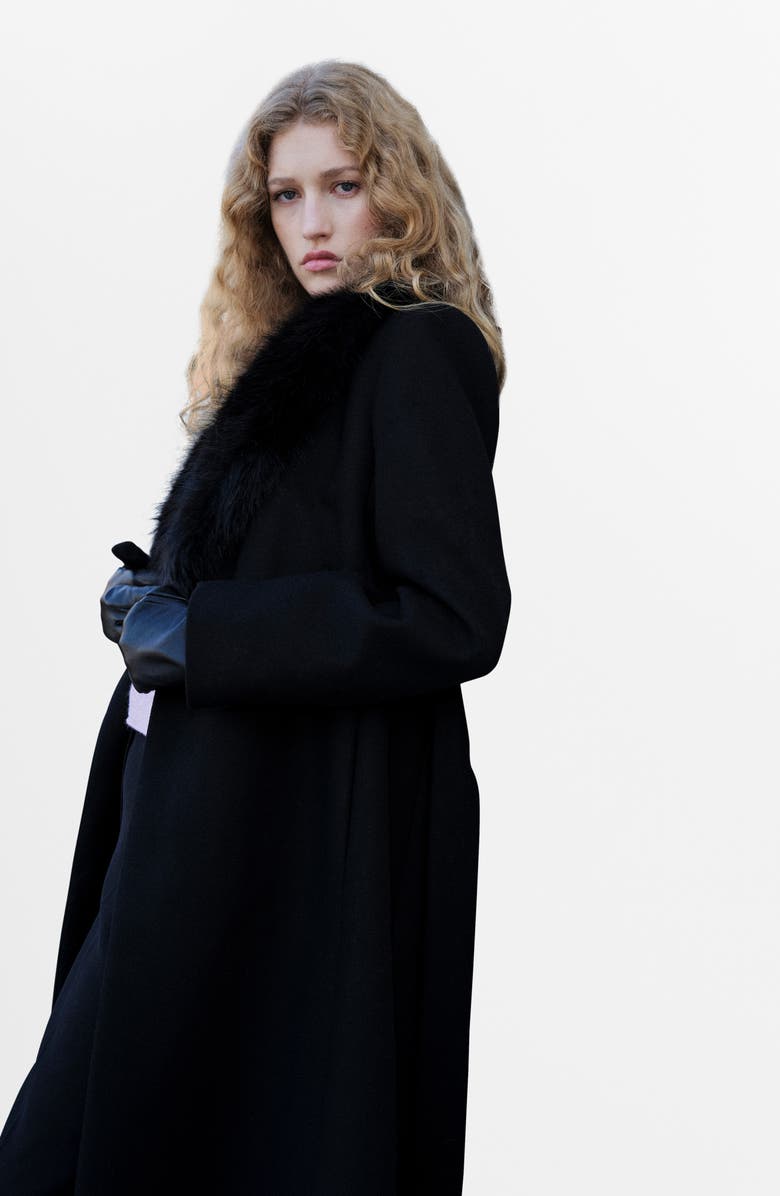 MANGO Manteco Belted Longline Trench Coat with Removable Faux Fur Collar, Alternate, color, Black
