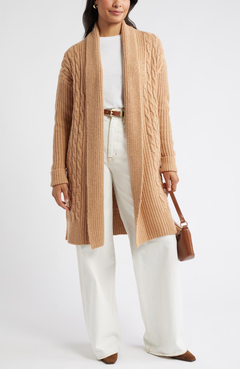 Caslon<sup>®</sup> Cable Longline Open Front Cardigan, Alternate, color, Tan Camel Dark Heather