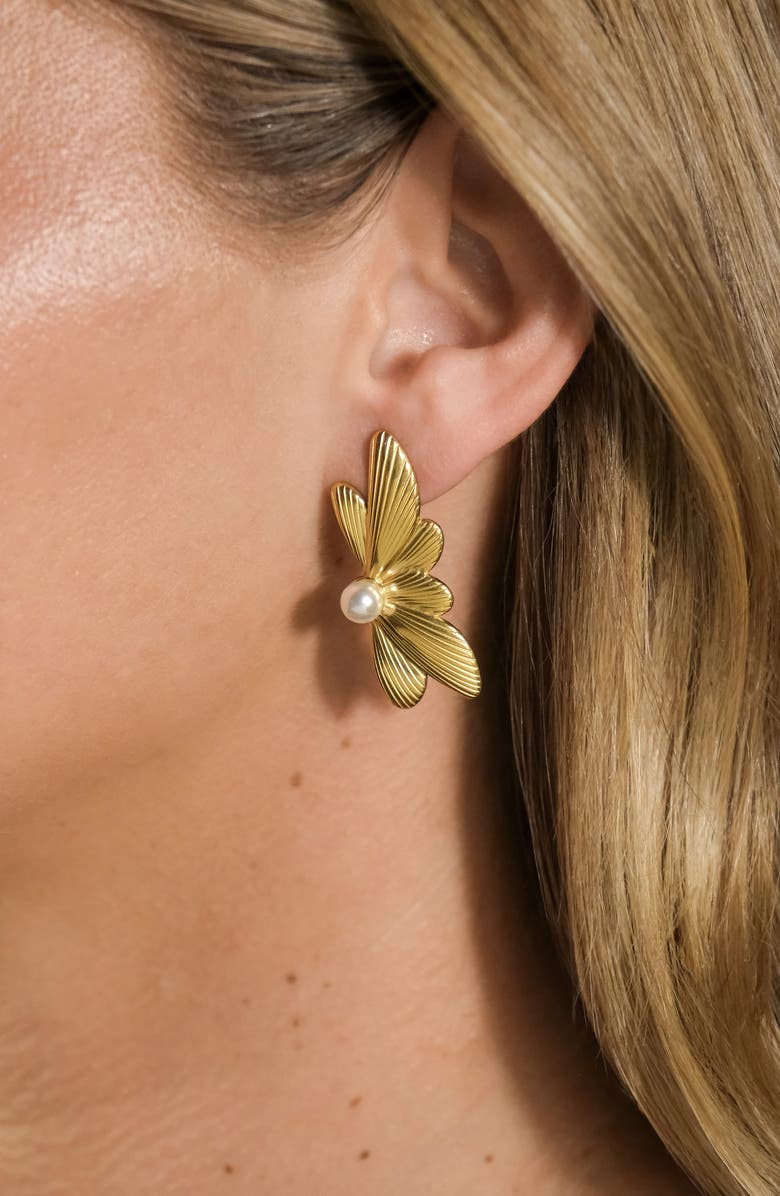 Sterling Forever Susan Faux Pearl Floral Fan Earrings, Alternate, color, 