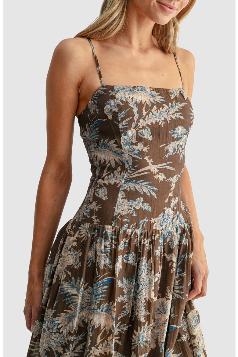 Square Neck Floral Tiered Midi Dress, Alternate, color, BROWN BLUE FLORAL