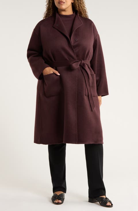 Belted Stand Collar Wool Coat (Plus)