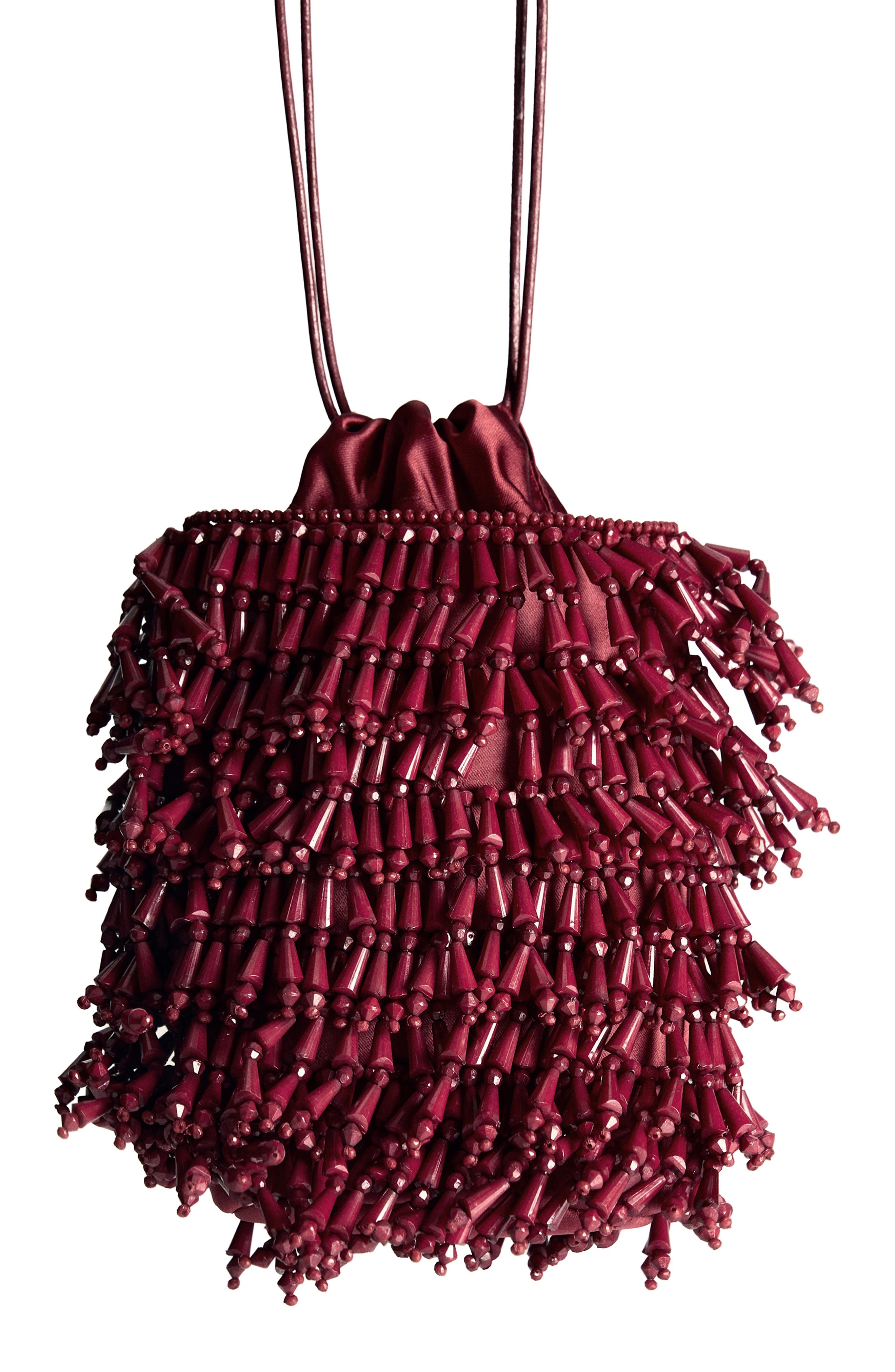 Beaded Drawstring Bucket Bag, Alternate, color, BURGUNDY