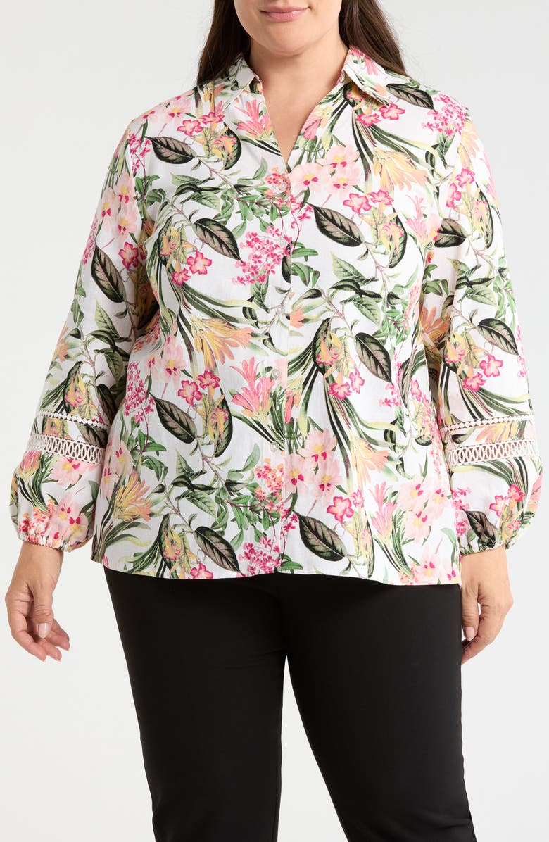 Jones New York Floral Print Shirt, Main, color, White Sand Multi