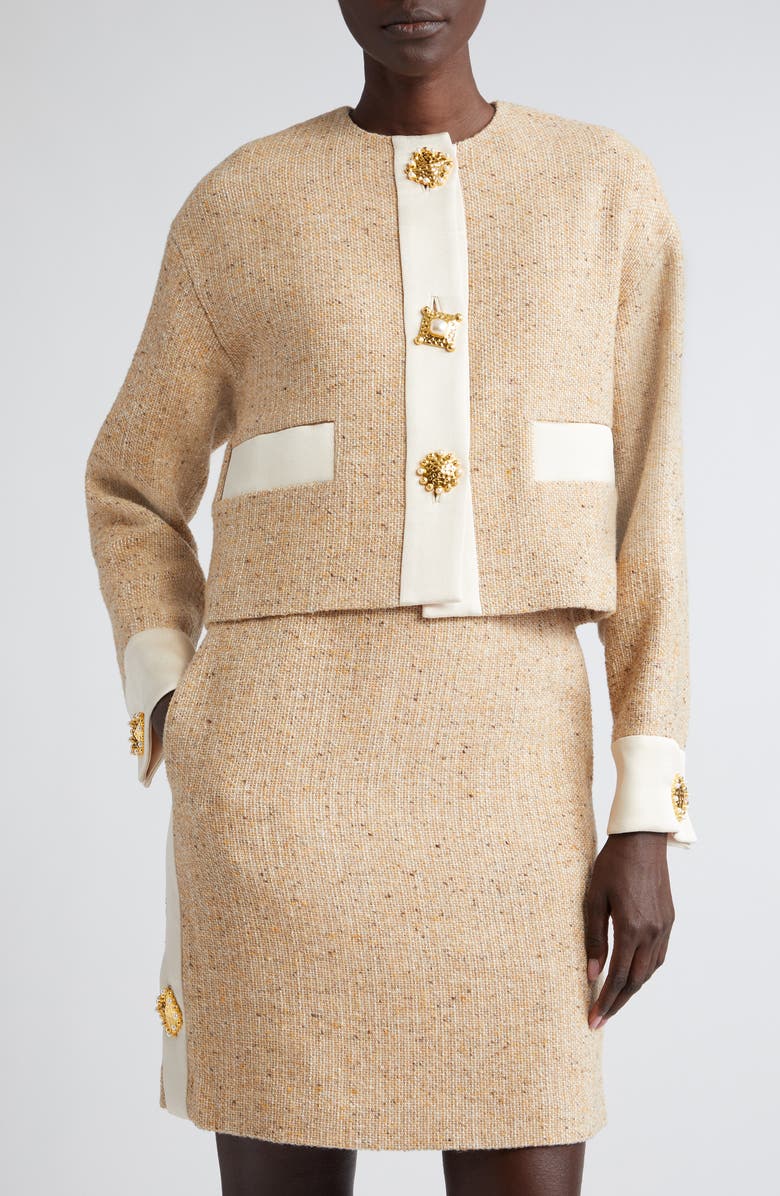 ST. JOHN Crepe Trim Boxy Tweed Jacket, Alternate, color,