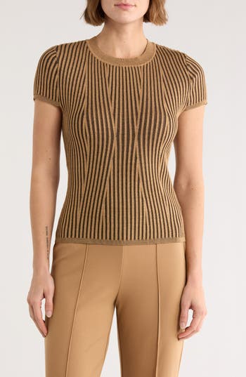 Dkny Short Sleeve Rib Knit Sweater In Brown