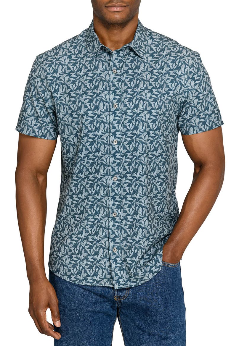 Leaf Print Short Sleeve Button-Up Shirt, Main, color, GREEN