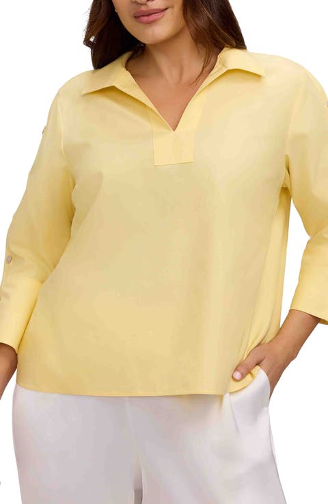 Lainey Button Accent Cotton Popover Top (Plus)