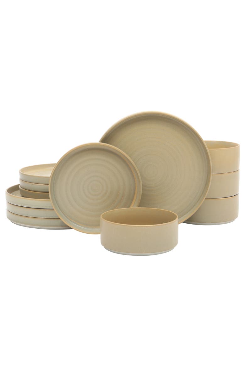 Echo Bay 12-Piece Reactive Glaze Porcelain Dinnerware Set, Main, color, Brown