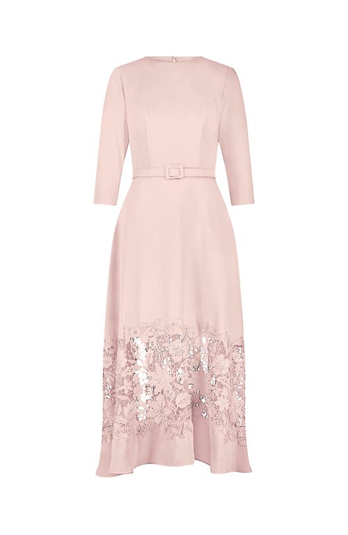 Mac Duggal Crepe Boat Neck Midi Dress With Applique Cut Out In Blush