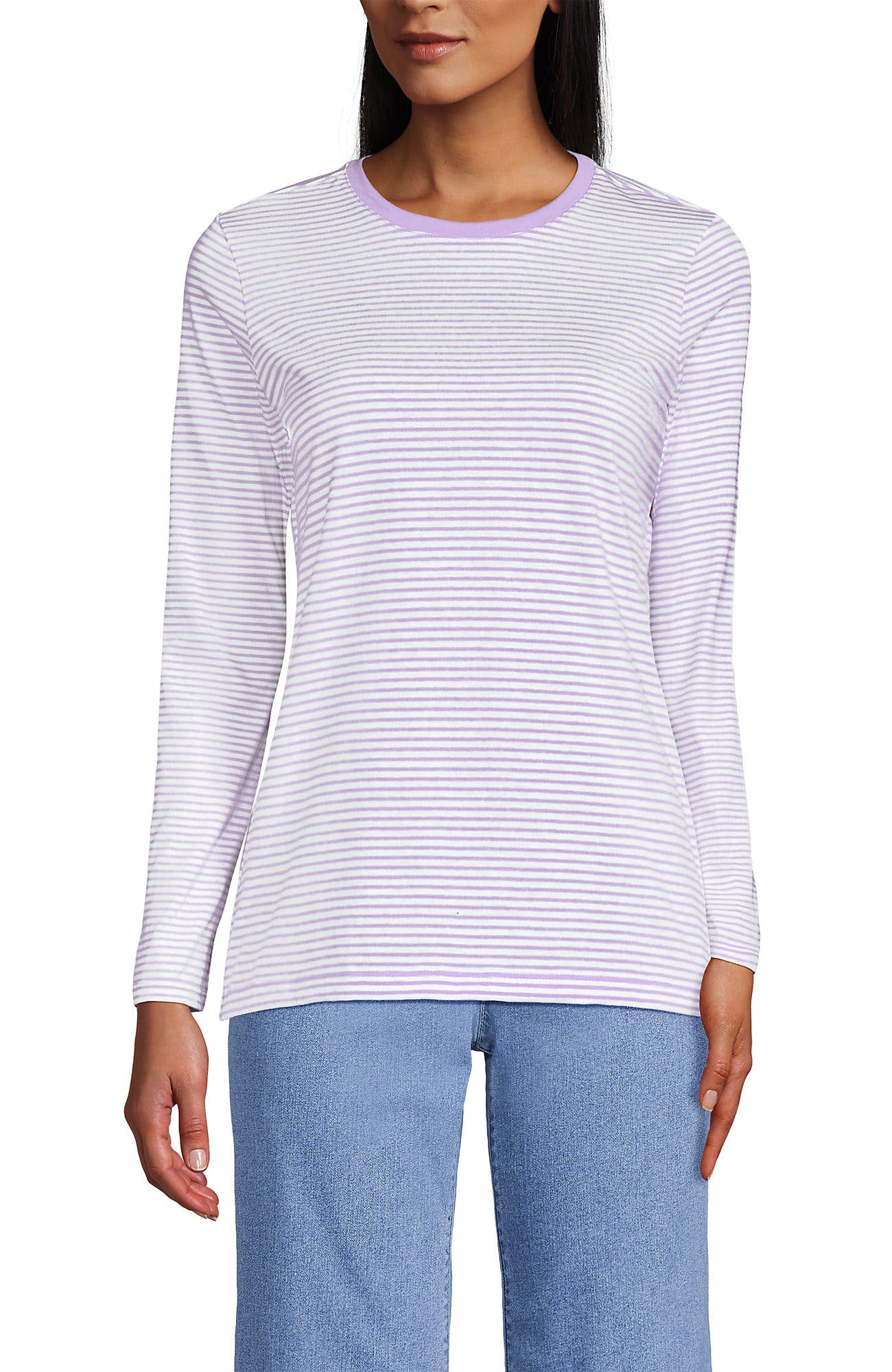 Lands' End Relaxed Supima Cotton Long Sleeve Crew Neck T-Shirt in Lilac Petal/ivory Micro Stripe 