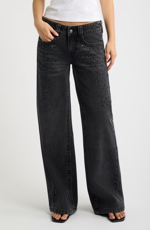 Studded Low Rise Wide Leg Jeans
