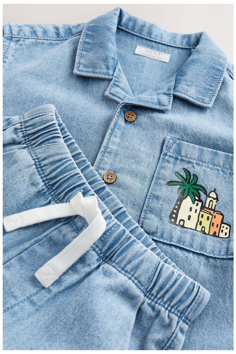 Kids' Graphic Denim Button-Up Top & Shorts Set, Alternate, color, BLUE
