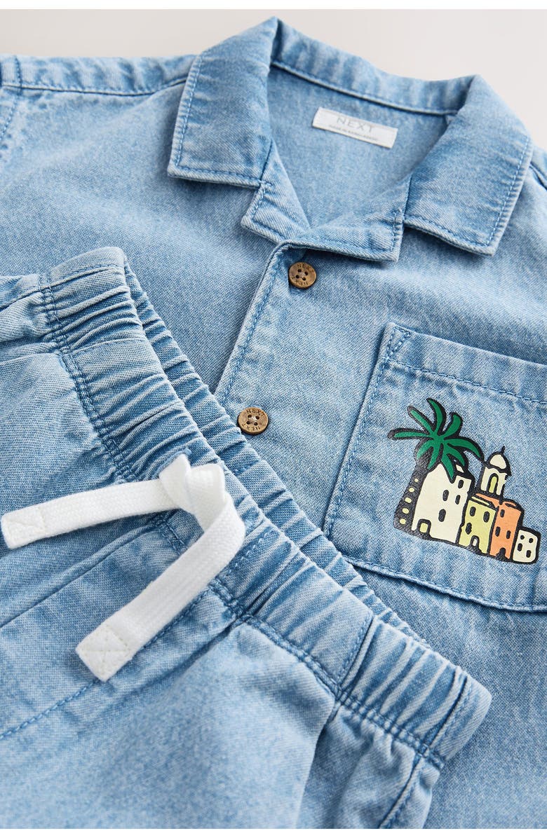 NEXT Kids' Graphic Denim Button-Up Top & Shorts Set, Alternate, color, Blue
