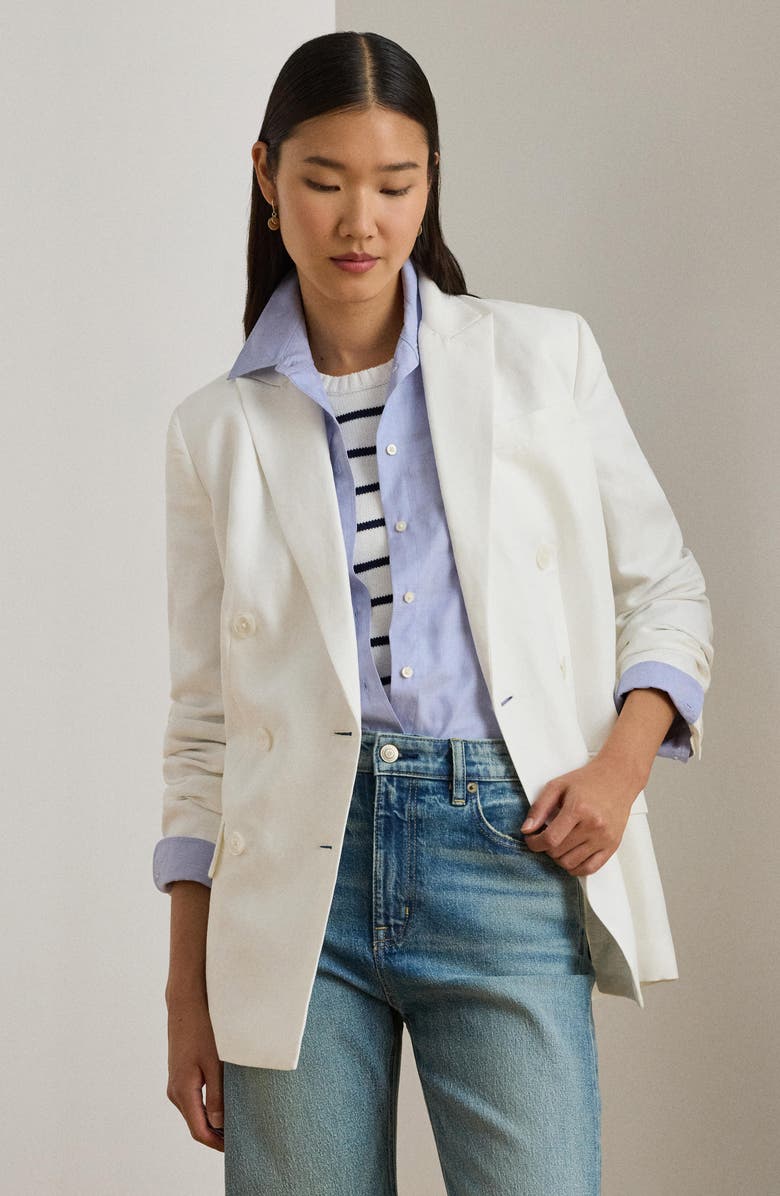 Lauren Ralph Lauren Narain Double Breasted Linen Blend Blazer, Alternate, color, White