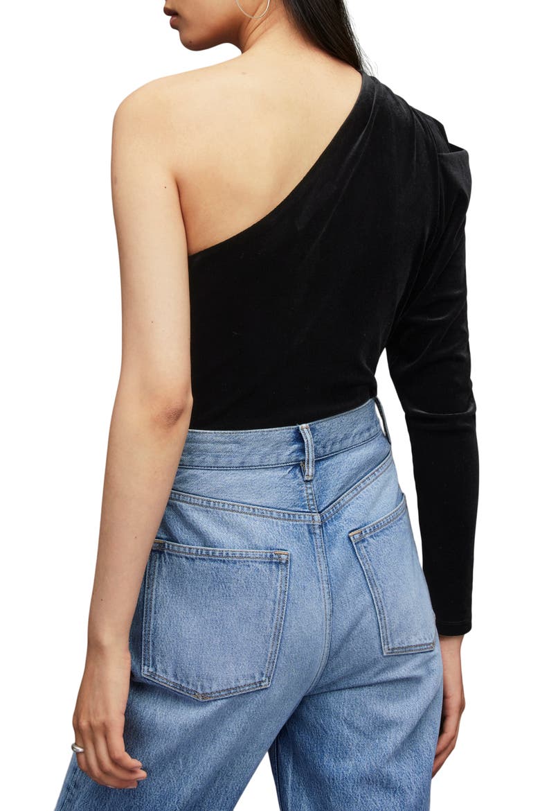 Daphne One-Shoulder Velvet Bodysuit, Alternate, color, BLACK