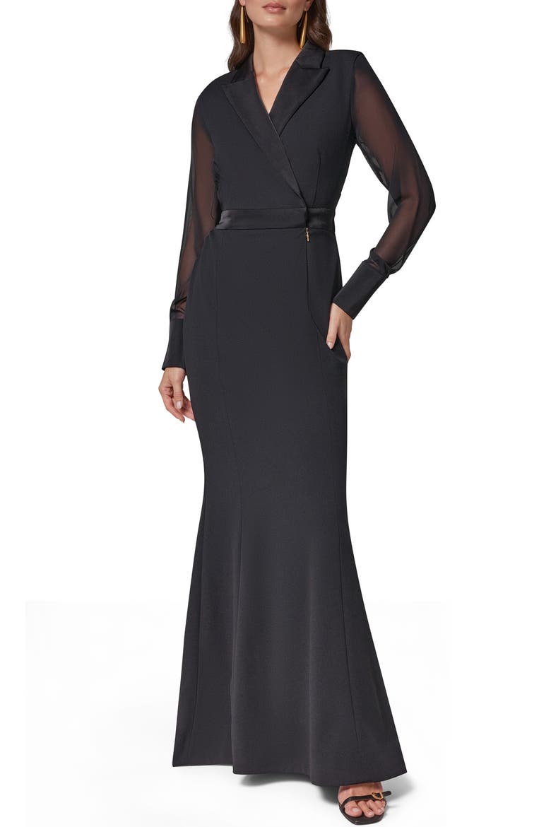 Tuxedo Chiffon Long Sleeve Scuba Crepe Twill Gown, Main, color, BLACK