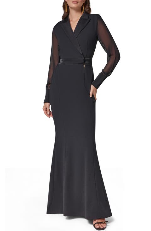 Sheer Sleeve Peak Lapel Gown
