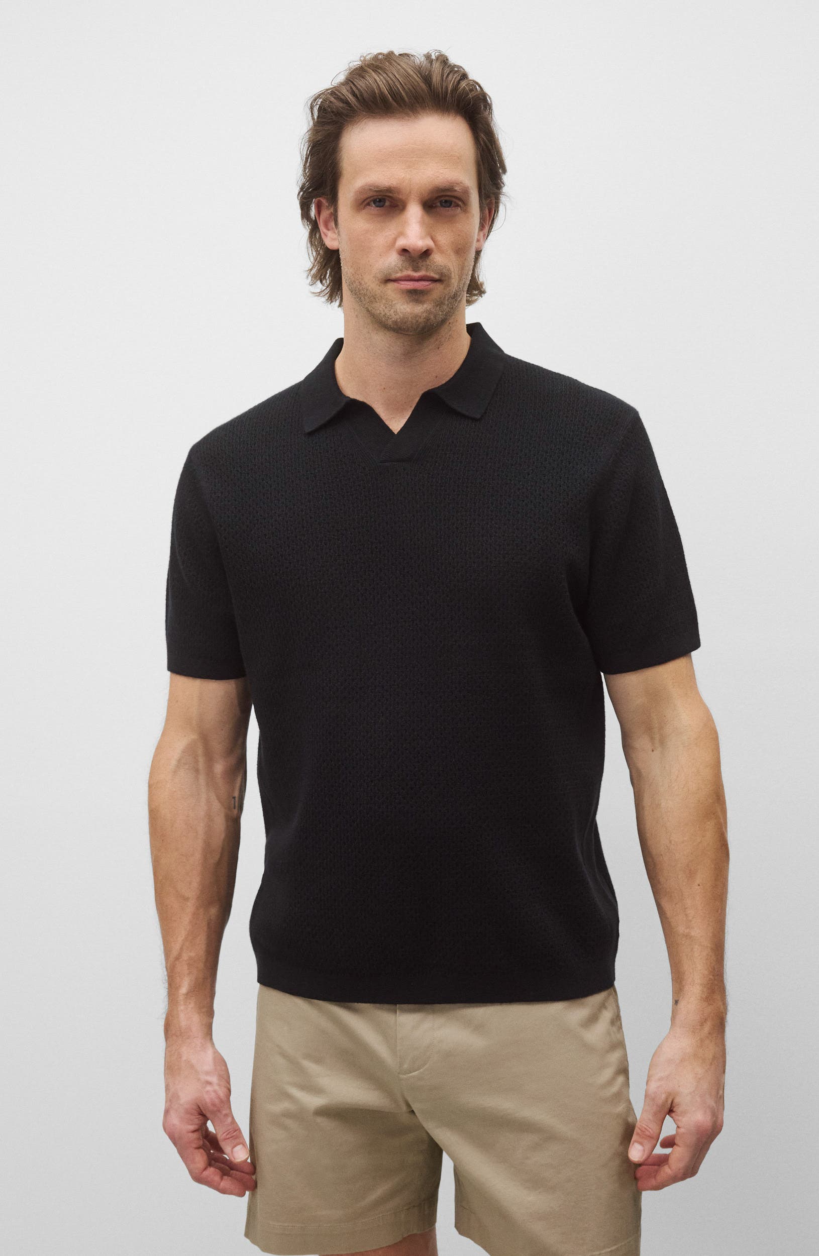 Reigning Champ Victor Johnny Collar Cotton & Linen Mesh Stitch Polo Sweater — фото 7
