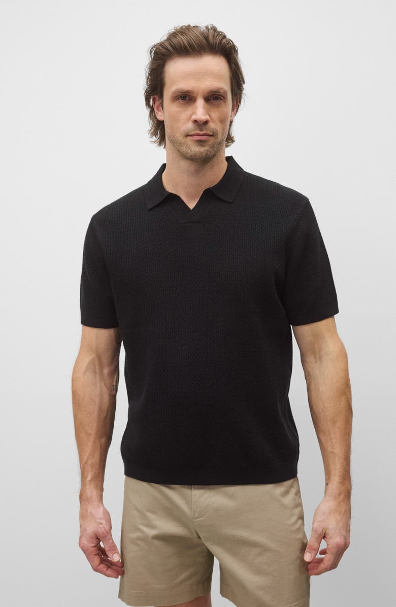 Reigning Champ Victor Johnny Collar Cotton & Linen Mesh Stitch Polo Sweater, Alternate, color, Black