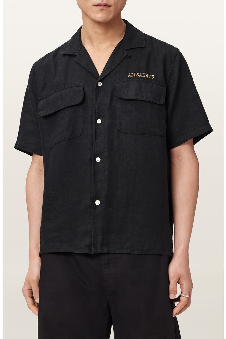 Dunloe Embroidered Linen Button-Up Camp Shirt, Main, color, JET BLACK