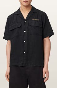 AllSaints Dunloe Embroidered Linen Button-Up Camp Shirt