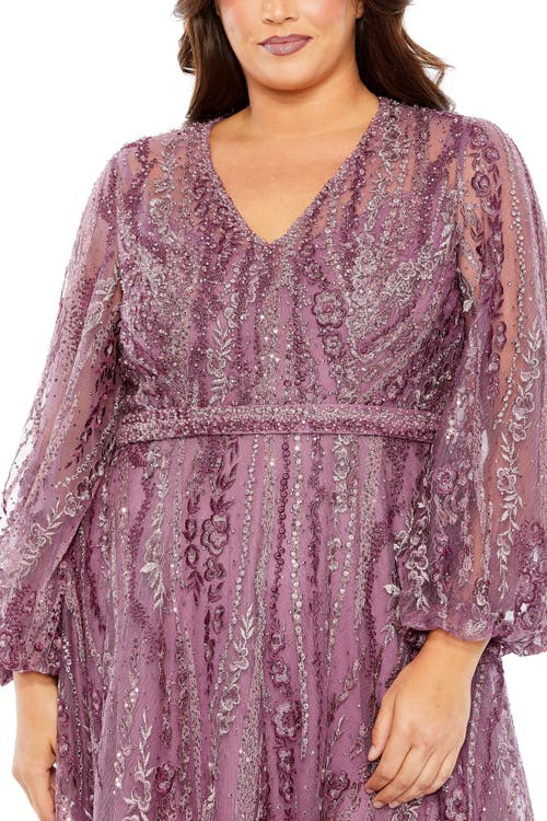 Mac Duggal V Neck Puff Sleeve Embroidered A Line Gown In Mauve