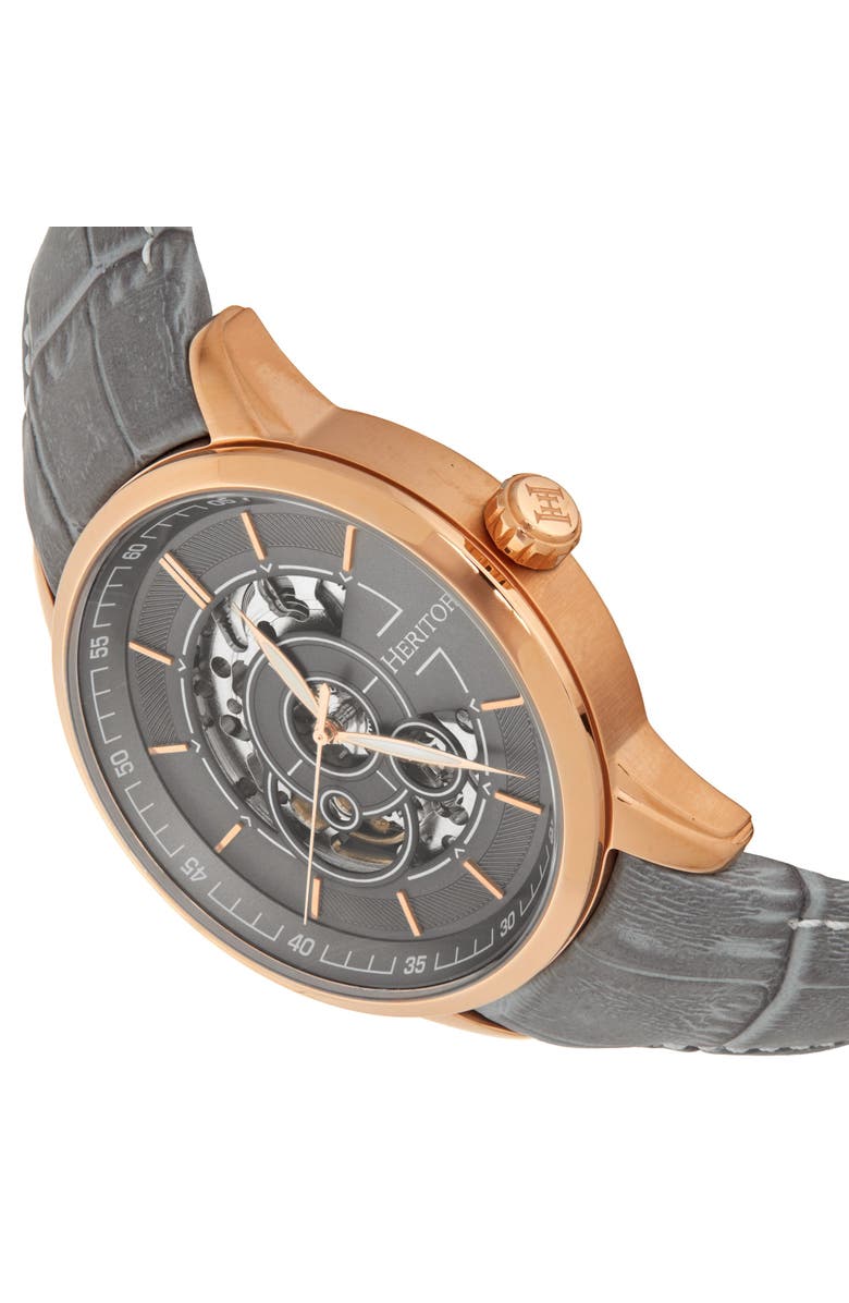 Heritor Automatic Davies Semi-Skeleton Leather-Band Watch, Alternate, color, Rose Gold/Gray