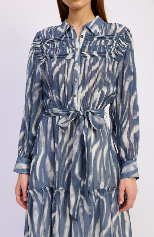 En Saison Cypress Long Sleeve Tie Belt Tiered Maxi Shirtdress In Blue