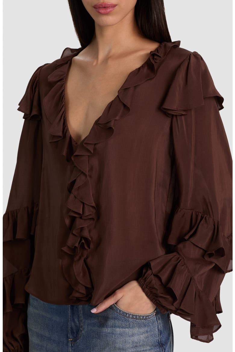 Rylee Ruffle Silk Blend Top, Alternate, color, DARK CHOCOLATE